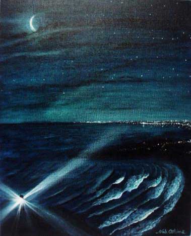 月夜の海と灯台の絵画