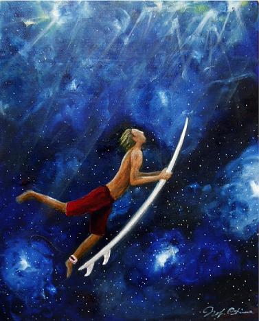 宇宙をドルフィンスルーするサーファーの絵画