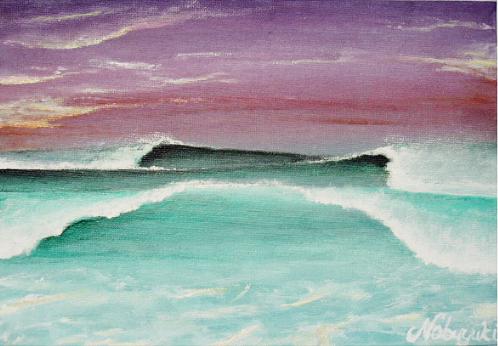 夕焼けの波の絵画