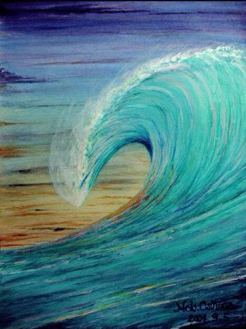 サーフィン・サーファーの絵画、海・波の絵画、サンセットビーチ