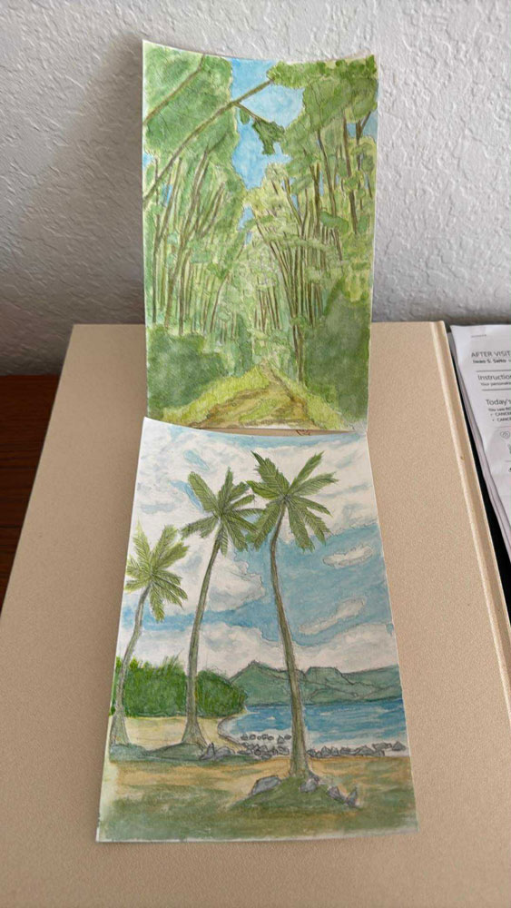 ハワイ（Hawaii）で描いた水彩画（景色）-海辺のヤシの木（Scot Saito）