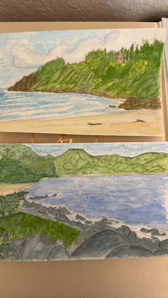 ハワイ（Hawaii）で描いた水彩画（景色）-山と砂浜と岩場（Scot Saito）