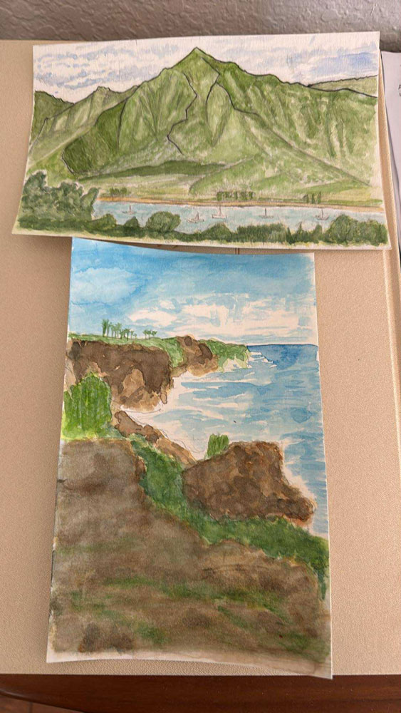 ハワイ（Hawaii）で描いた水彩画（景色）-山と海岸（Scot Saito）
