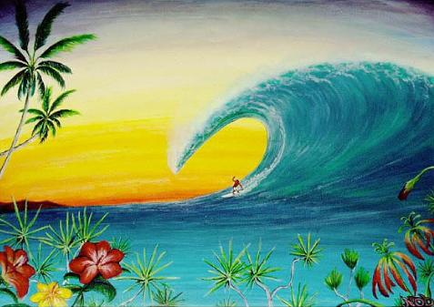 サーフィン・サーファーの絵画、海・波の絵画、サンセットビーチ
