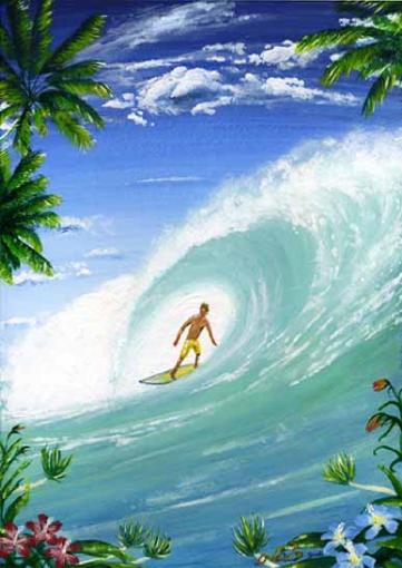 サーフィン・サーファーの絵画、海・波の絵画、サンセットビーチ