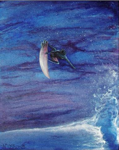 サーフィン・サーファーの絵画、海・波の絵画、サンセットビーチ